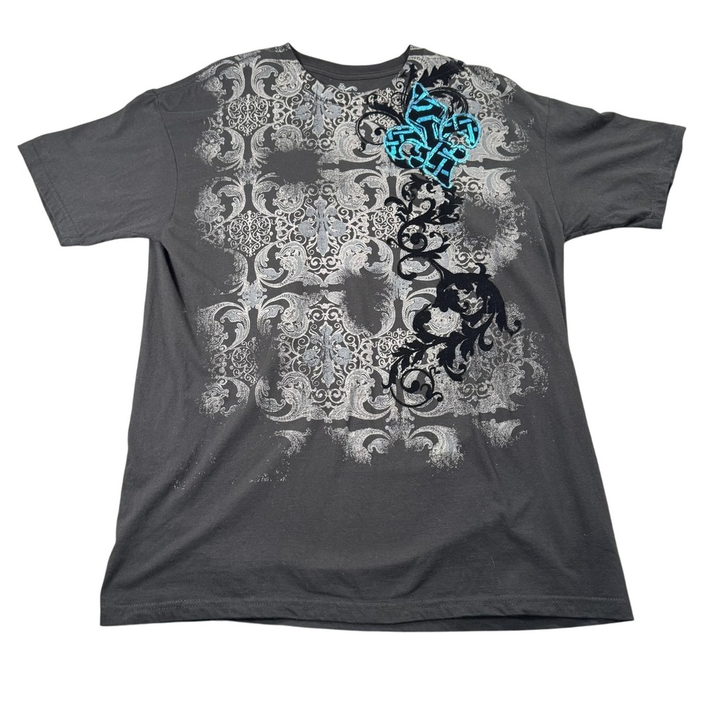 Social Unrest T-Shirt Mens XL Gray Graphic Flocked Scroll Cross Short Sleeve Tee